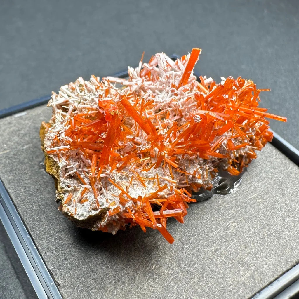 Vibrant fiery orange crocoite crystal spikes from Tasmania