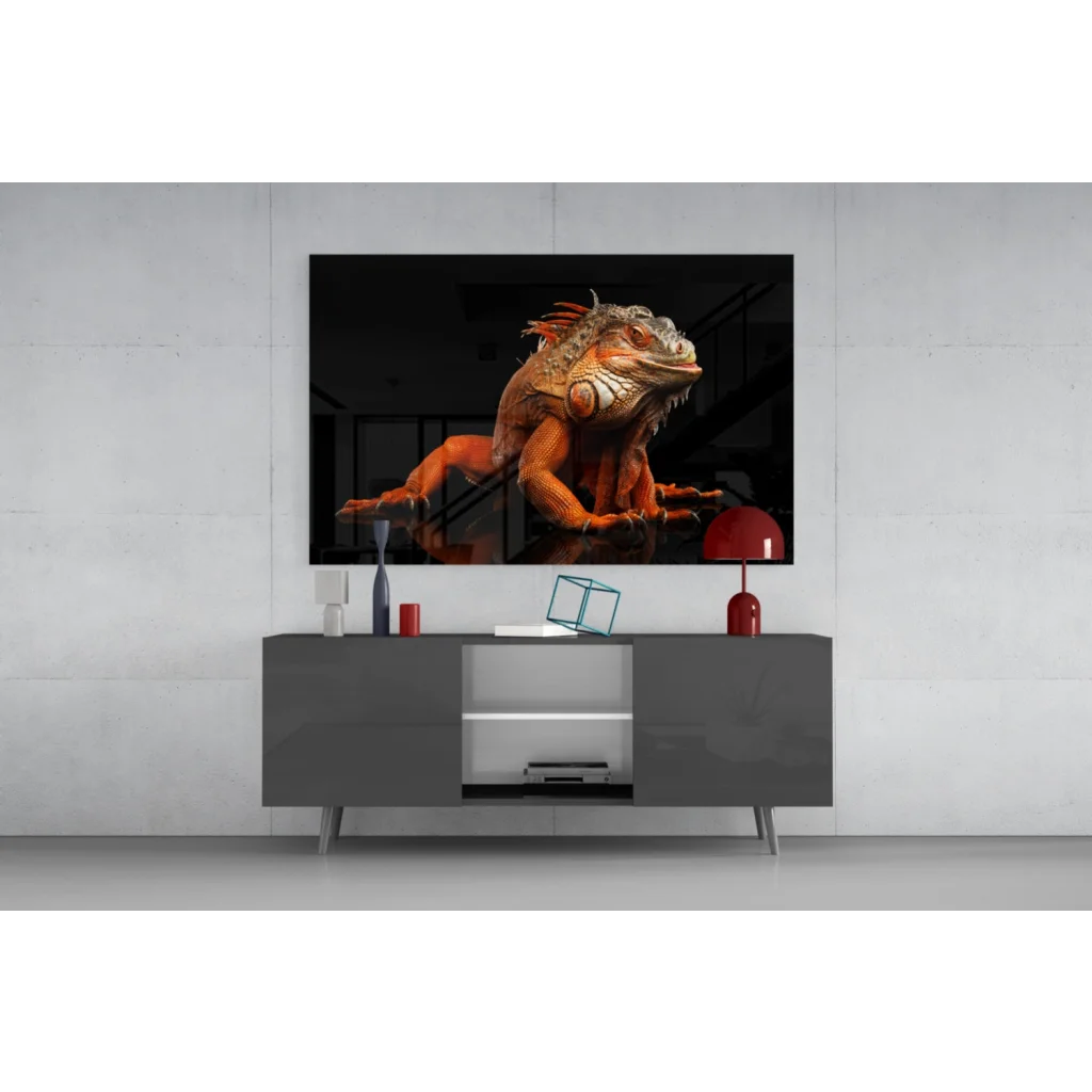 Striking orange iguana glass wall art on black canvas