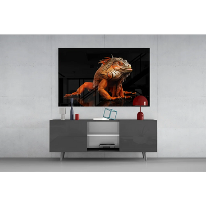 Striking orange iguana glass wall art on black canvas
