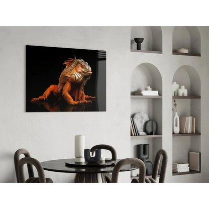 Fiery orange iguana glass wall art on black canvas portrait