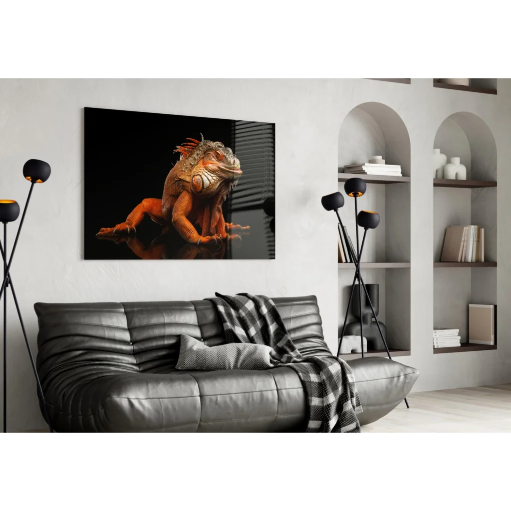 Fiery orange iguana glass wall art portrait on black canvas
