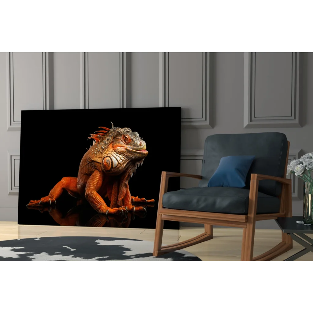 Fiery orange iguana glass wall art portrait on black canvas