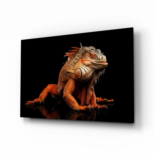 Fiery orange iguana glass wall art on black canvas