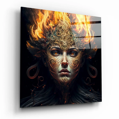 Fiery Phoenix Woman glass wall art with golden flames portrait
