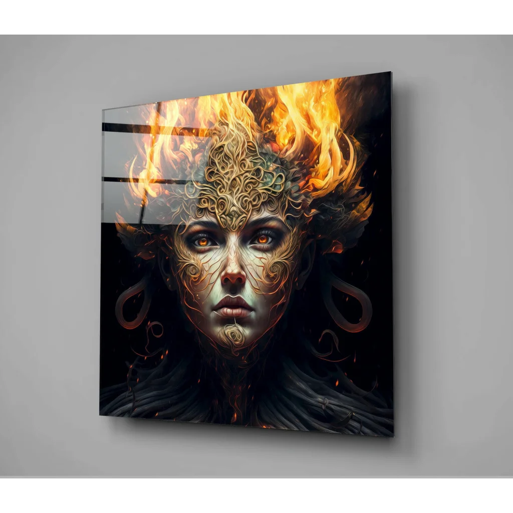 Fiery phoenix woman glass wall art with golden flames portrait