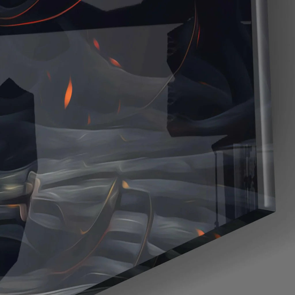 Fiery Phoenix Woman glass wall art with swirling gray forms and golden flames