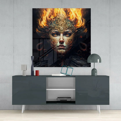 Fiery Phoenix Woman glass wall art with golden flames on console
