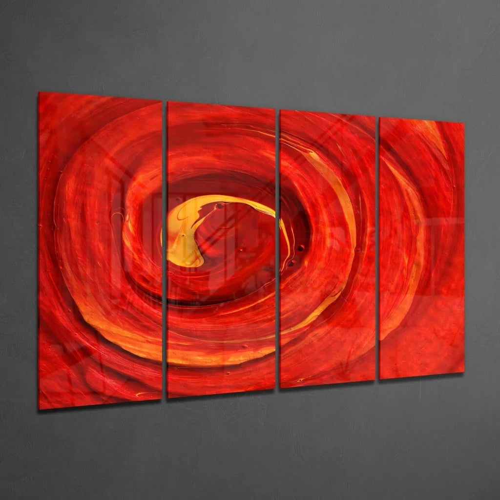 Vibrant red orange swirl wall art on four panel canvas set
