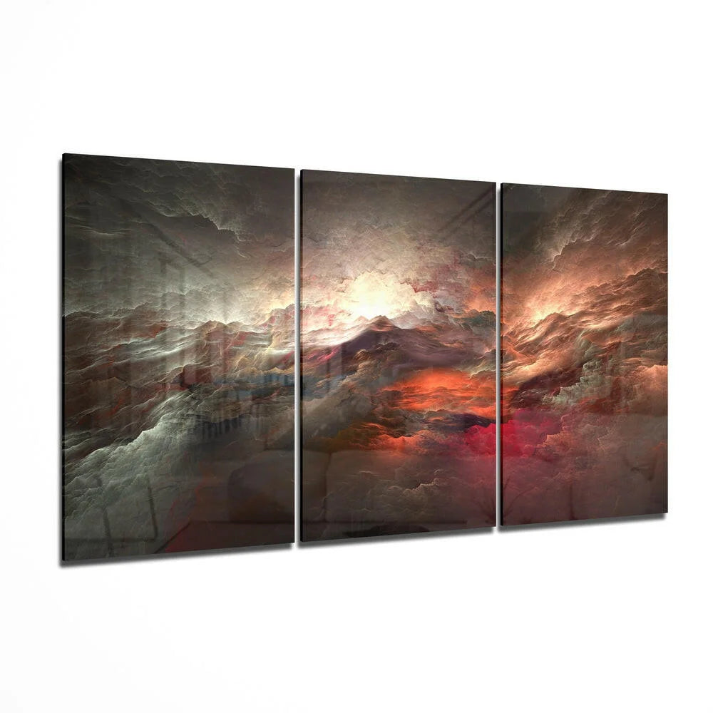 Fiery Storm Triptych canvas wall art with swirling clouds in vibrant hues