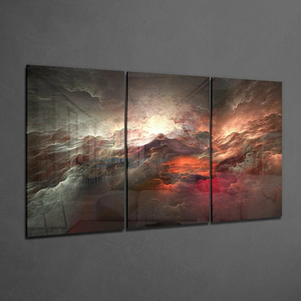 Fiery Storm Triptych abstract canvas wall art with swirling clouds in vibrant hues