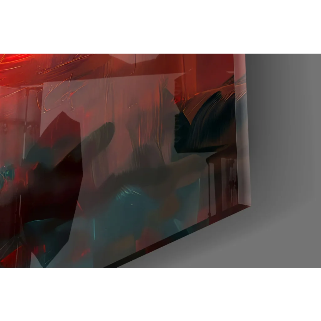 Fiery Sunset Cross glass wall art with bold red, teal, black strokes