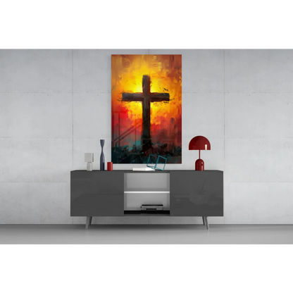 Bold fiery sunset cross silhouette in abstract glass wall art