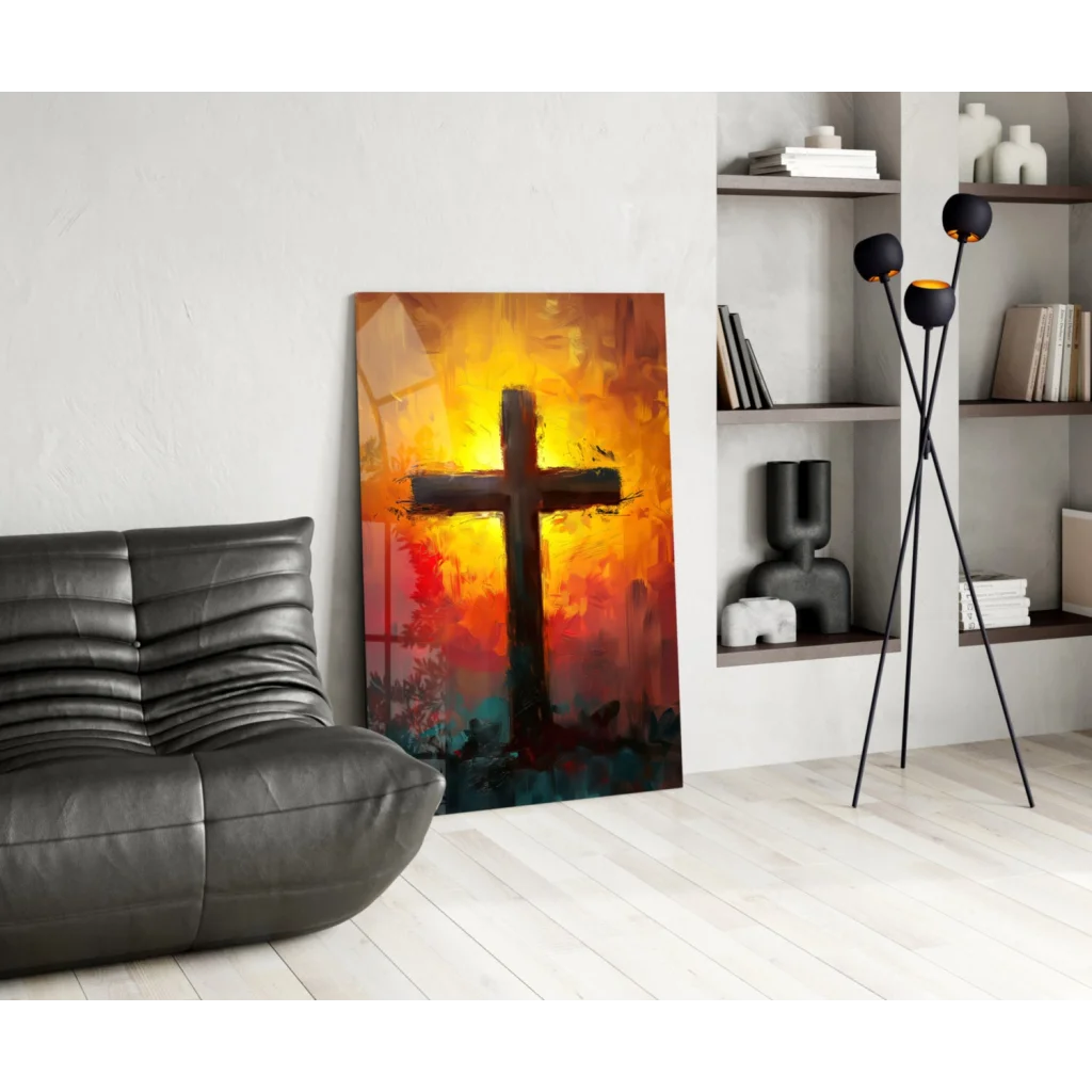 Bold fiery sunset cross silhouette on vibrant glass wall art