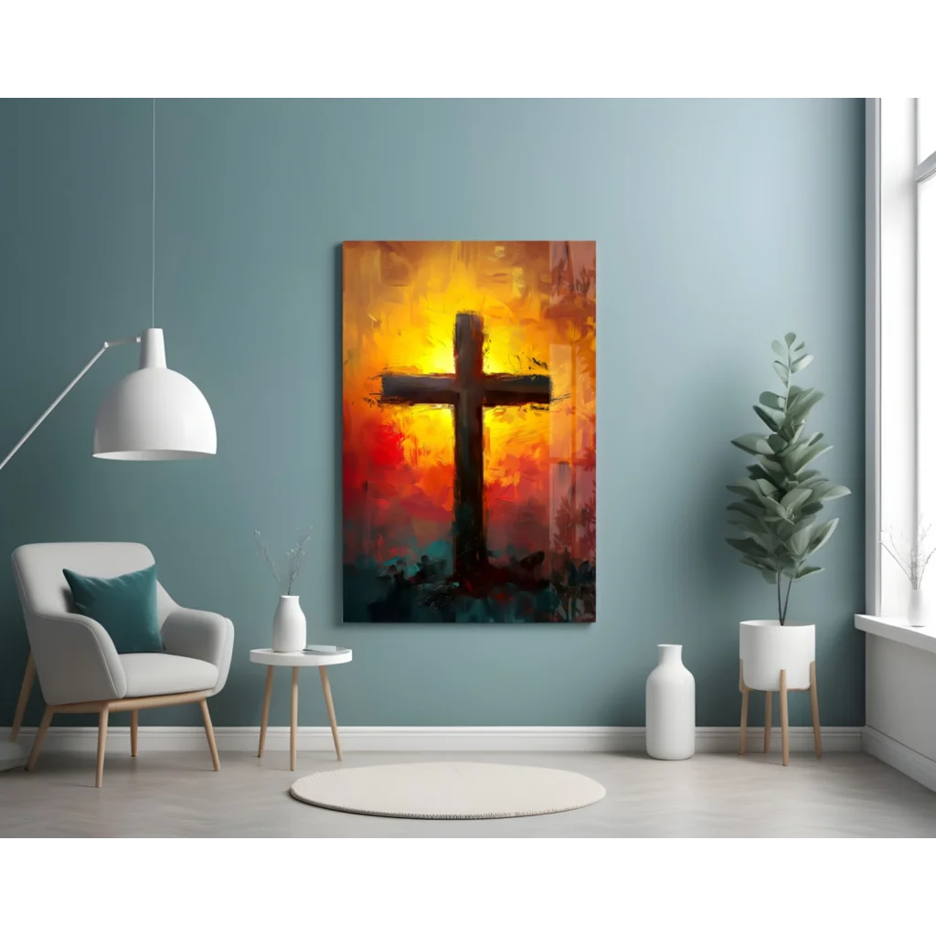 Fiery Sunset Cross glass wall art with bold abstract silhouette on orange red background