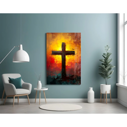 Fiery Sunset Cross glass wall art with bold abstract silhouette on orange red background