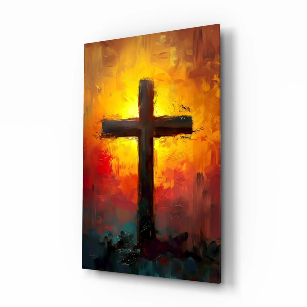 Fiery Sunset Cross glass wall art with dark textured cross on orange red sunset