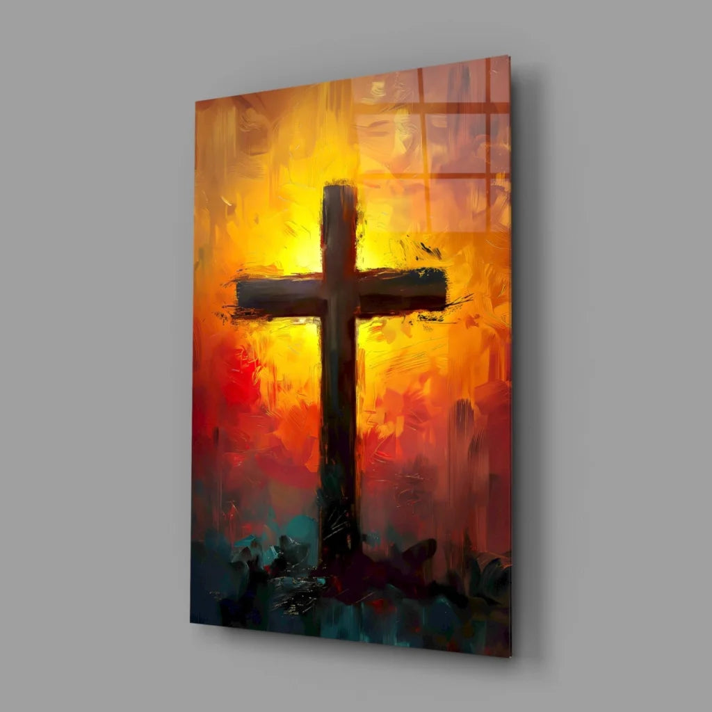 Fiery Sunset Cross glass wall art with dark silhouette on orange-red background