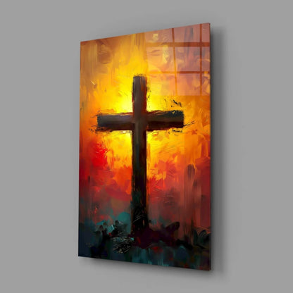 Fiery Sunset Cross glass wall art with dark silhouette on orange-red background