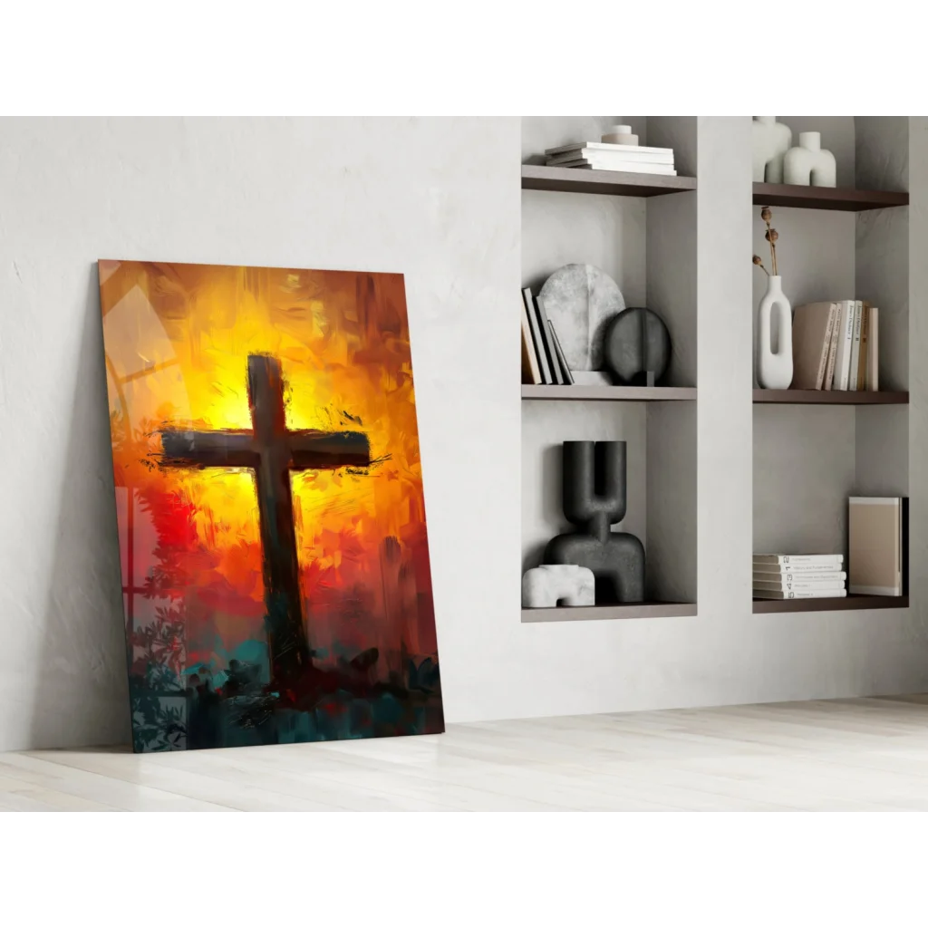 Vibrant fiery sunset cross glass wall art with dark silhouette