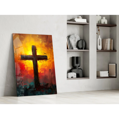 Vibrant fiery sunset cross glass wall art with dark silhouette
