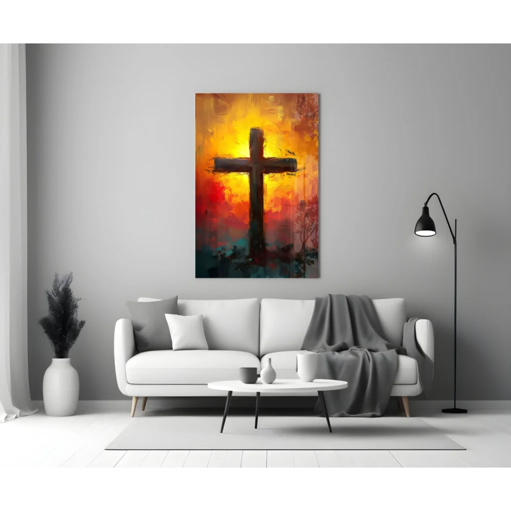 Fiery sunset cross glass wall art on white sofa