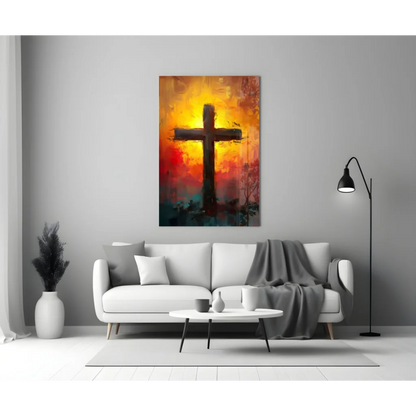 Fiery sunset cross glass wall art on white sofa