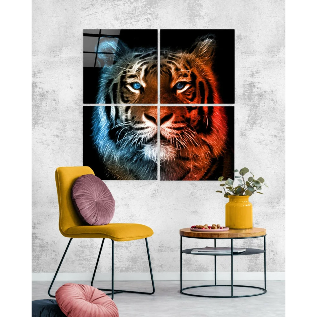 Vibrant fiery tiger glass wall art in bold blue and orange