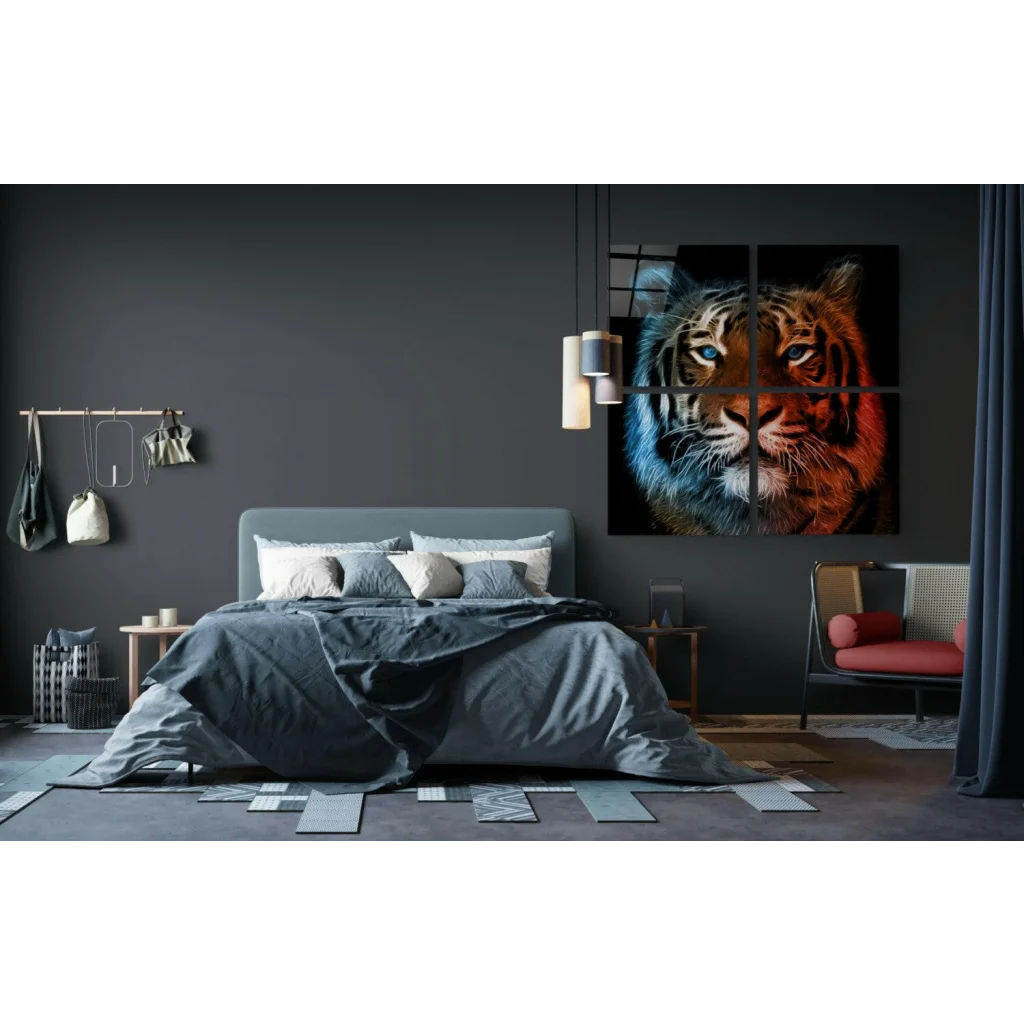 Fiery tiger glass wall art in bold blue and orange hues