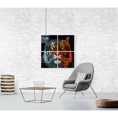 Fiery tiger glass wall art in bold blue and orange hues