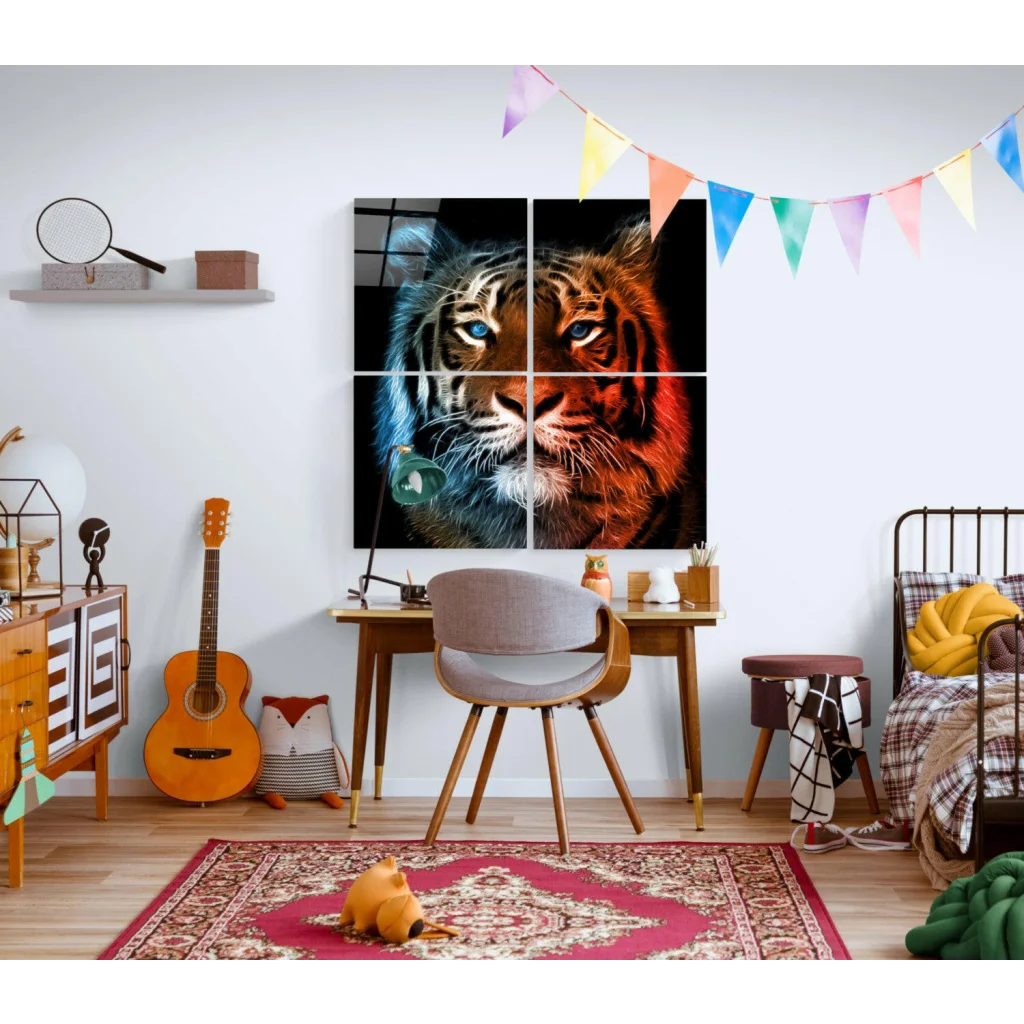 Fiery tiger glass wall art in bold blue and orange tones