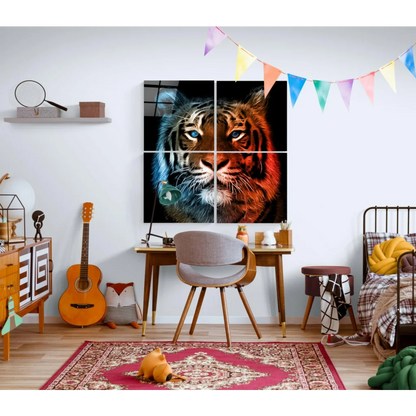 Fiery tiger glass wall art in bold blue and orange tones