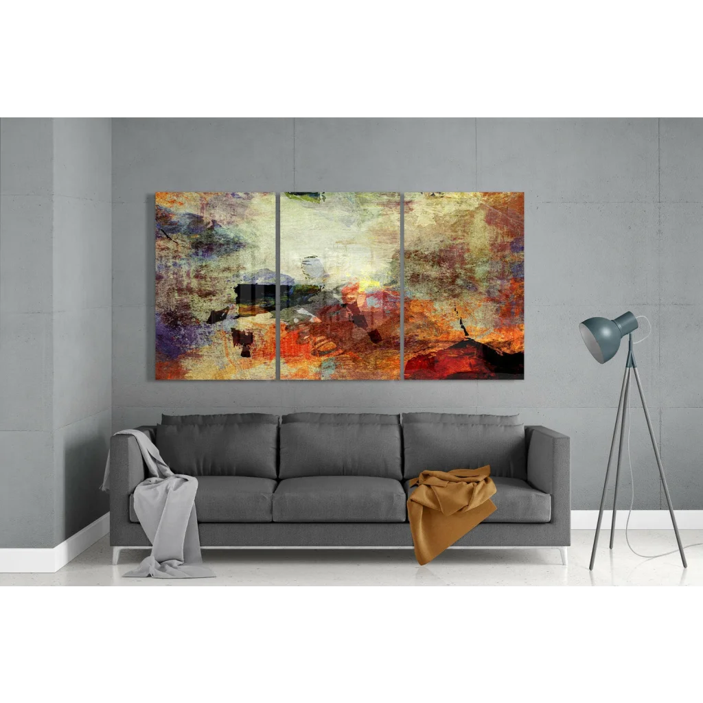 Vibrant fiery triptych canvas wall art in orange, yellow, red hues