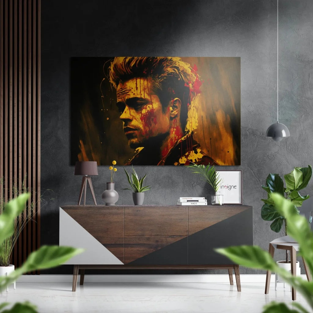 Vibrant Brad Pitt portrait in orange red splatter on brushed aluminium dibond