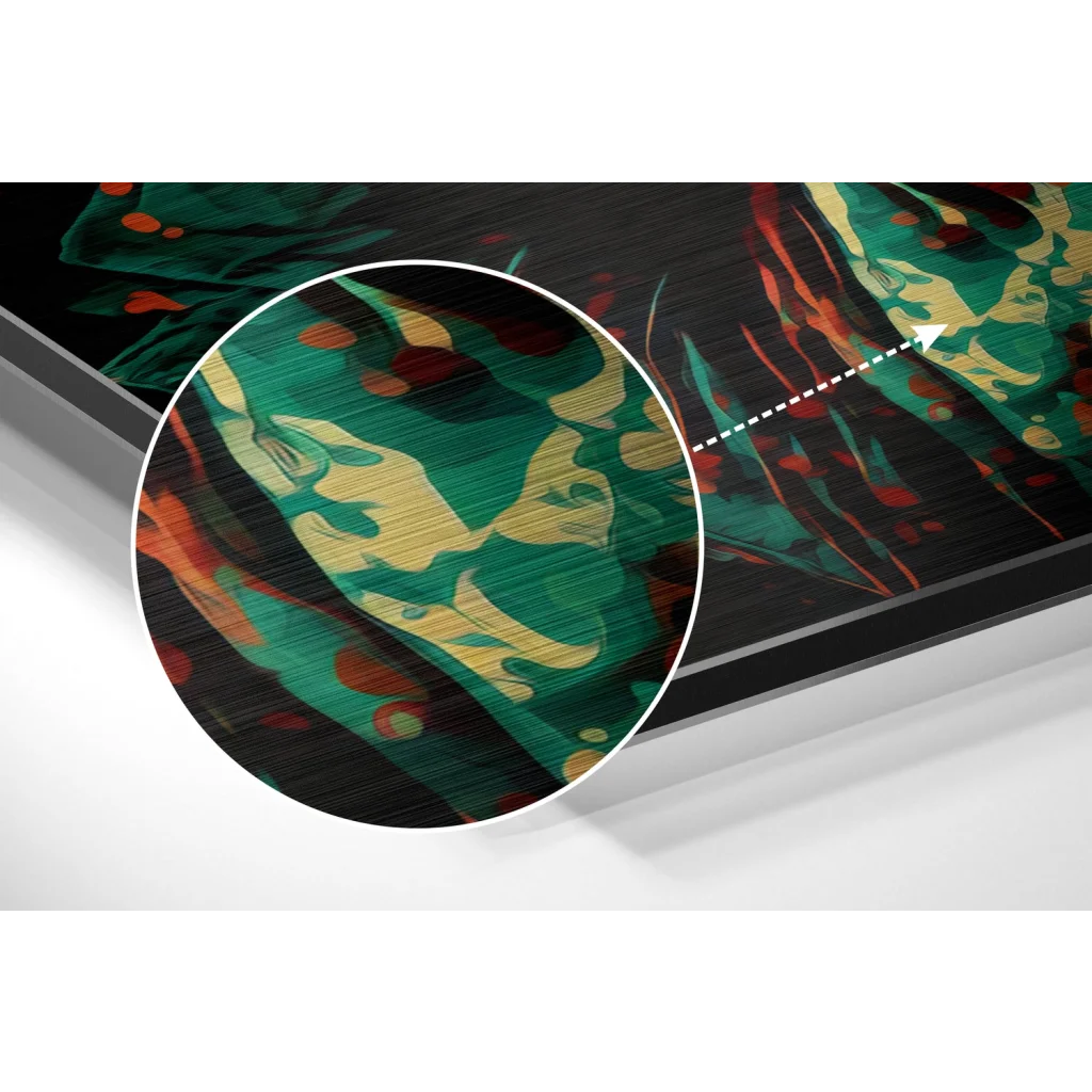 glass wall art Vibrant teal yellow orange abstract camo on brushed aluminium dibond