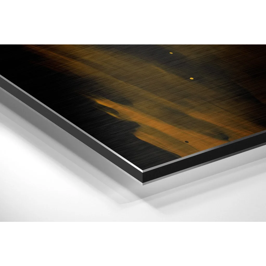 Glass Wall Art Black and amber wood-grain abstract art on brushed aluminium dibond