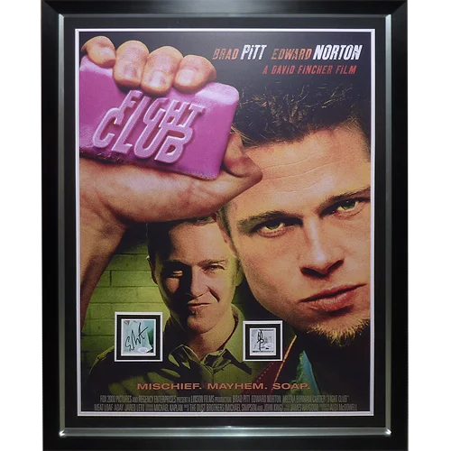 Framed Fight Club movie poster with Edward Norton autograph and pink soap art