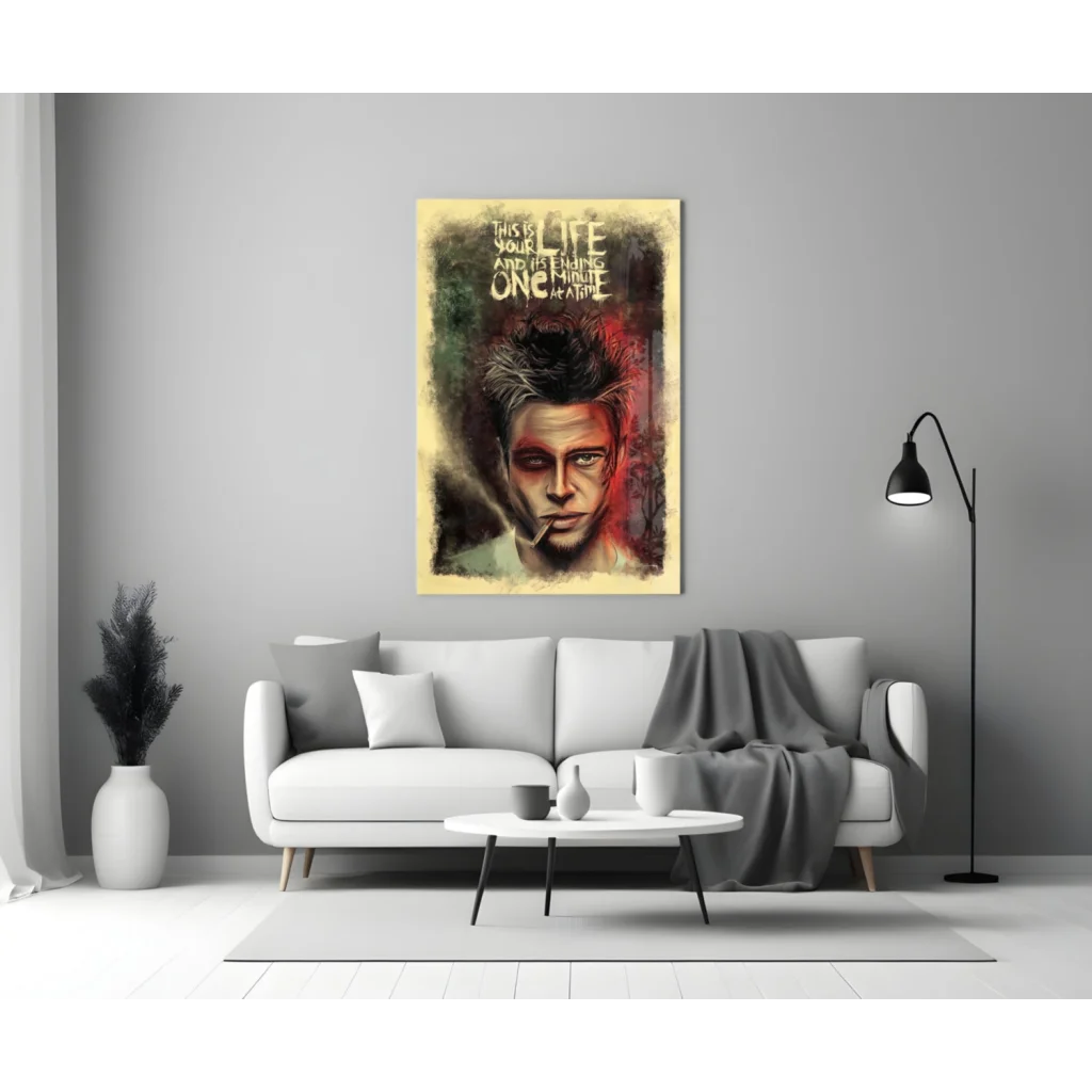 Framed Fight Club Brad Pitt glass wall art poster with quirky text on vintage background