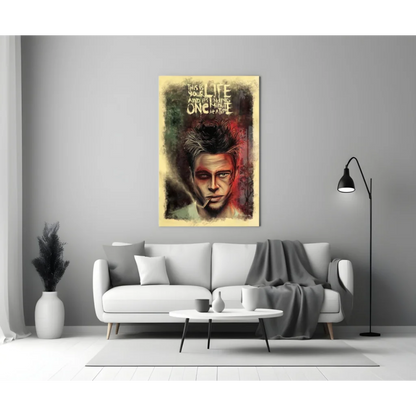 Framed Fight Club Brad Pitt glass wall art poster with quirky text on vintage background