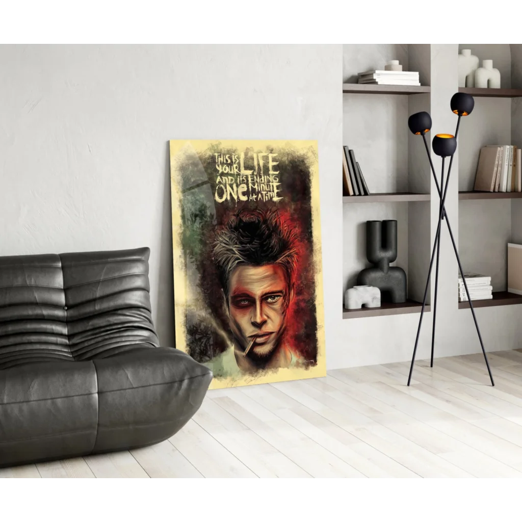 Fight Club Brad Pitt glass wall art framed poster with fiery portrait