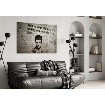 Gray leather sofa with plaid throw on Brad Pitt concrete street art wall print