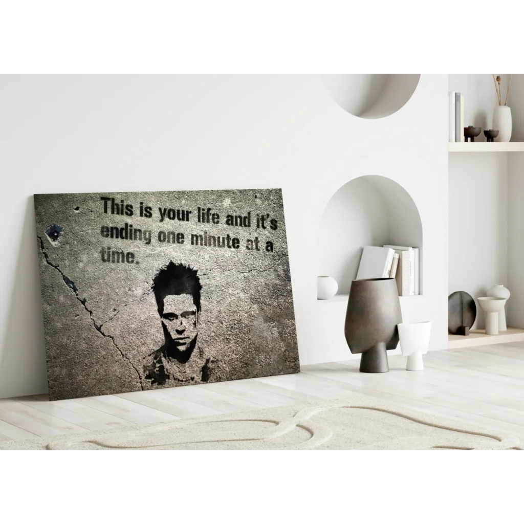 Gray concrete Brad Pitt stencil portrait wall art with life quote