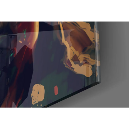 Vibrant Brad Pitt glass wall art with bold red, gold, teal splatters