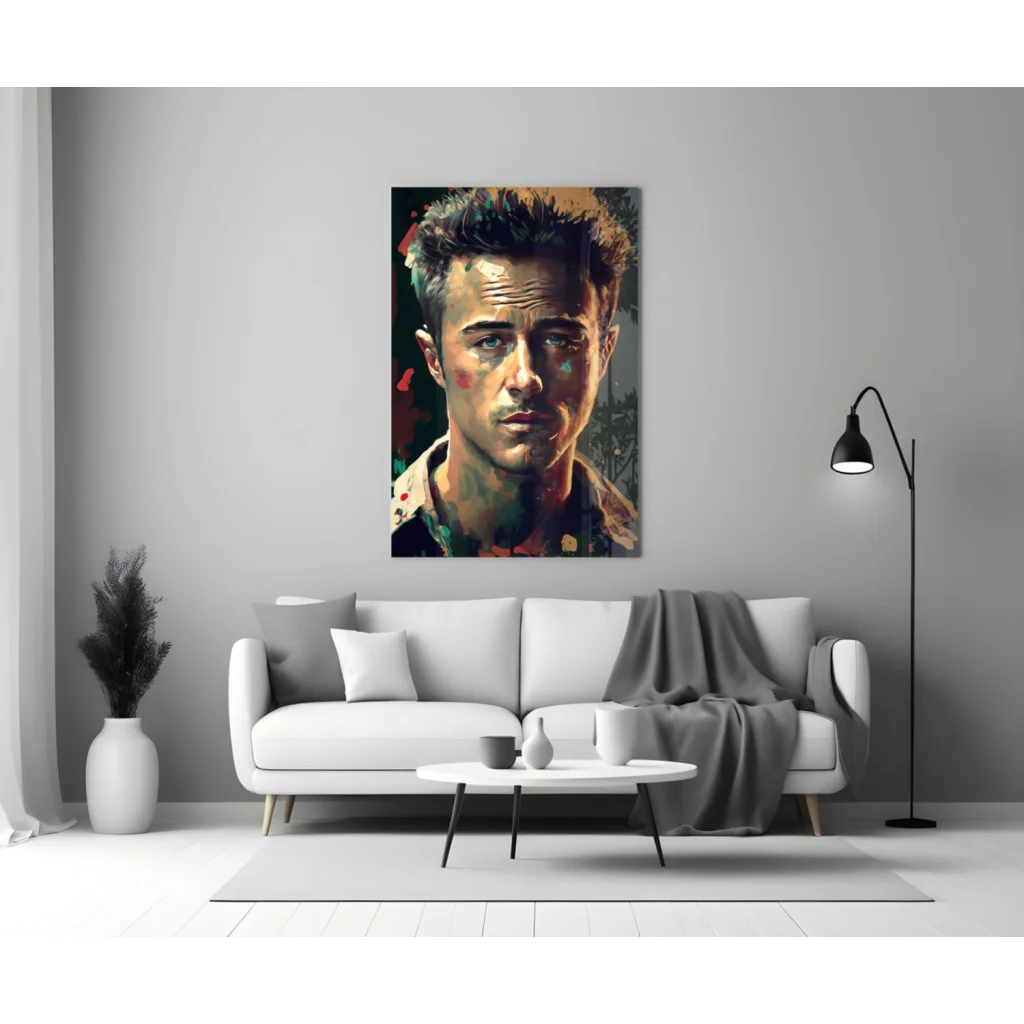 Vibrant Brad Pitt portrait wall art with bold paint splatters