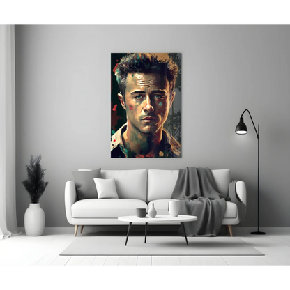 Vibrant Brad Pitt portrait wall art with bold paint splatters