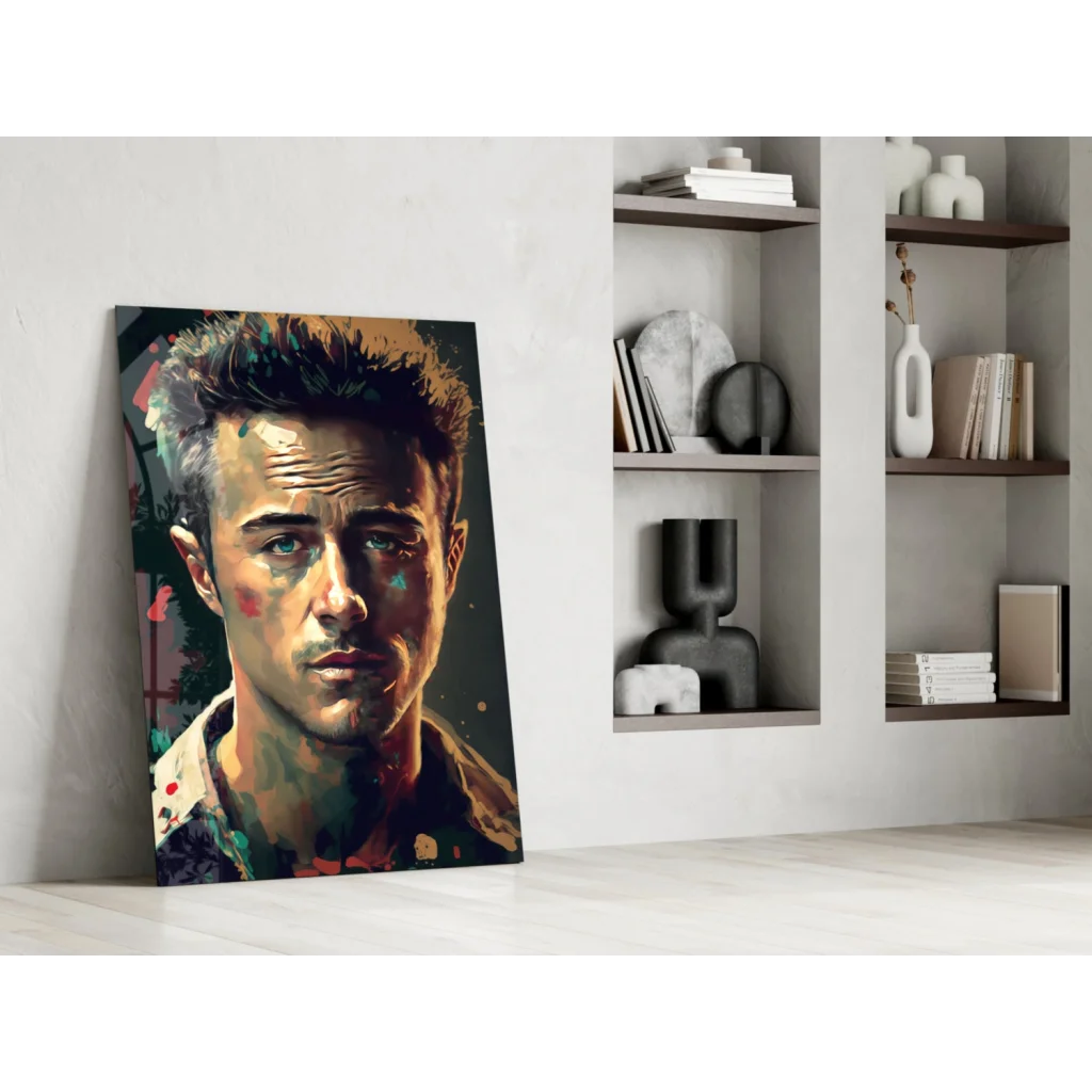 Vibrant Brad Pitt glass wall art portrait with bold paint splatters