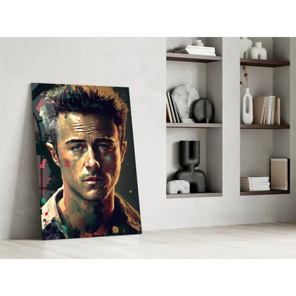 Vibrant Brad Pitt glass wall art portrait with bold paint splatters
