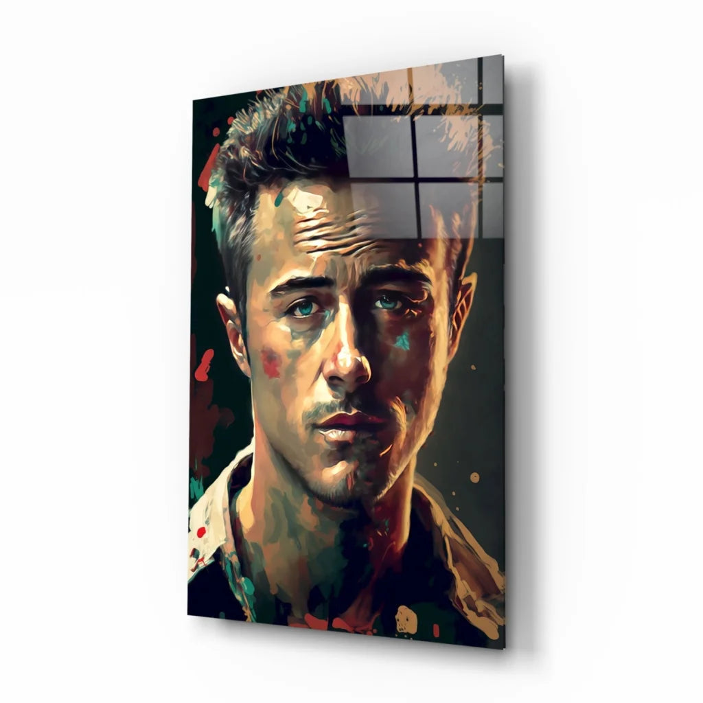 Vibrant Brad Pitt glass wall art portrait with bold paint splatters