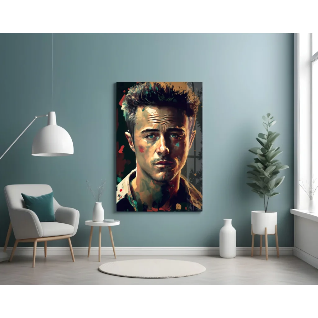 Vibrant Brad Pitt portrait wall art with bold paint splatters