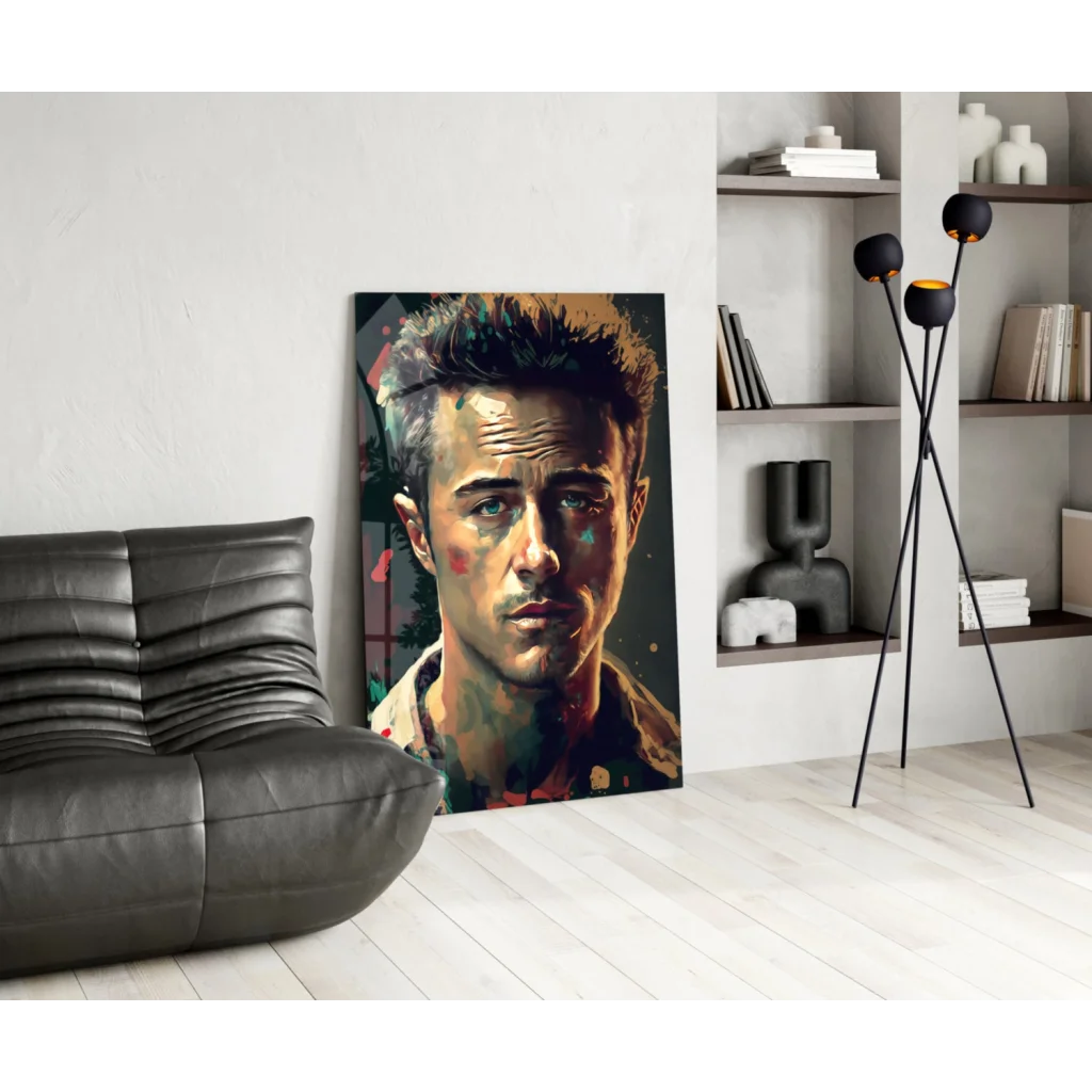 Vibrant Brad Pitt portrait wall art with bold paint splatters