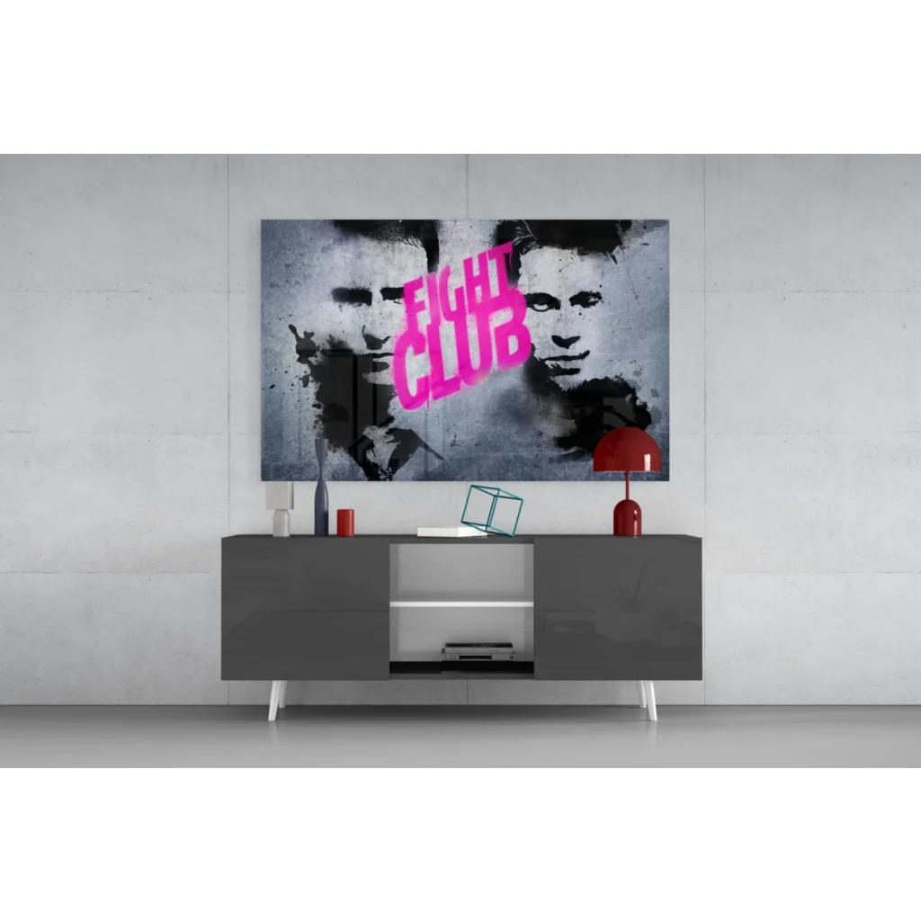 Bold Fight Club pink graffiti canvas wall art print with grayscale faces